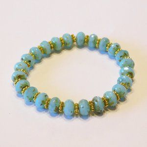 Handmade Blue Glass Beaded Stretch Bracelet - 7"